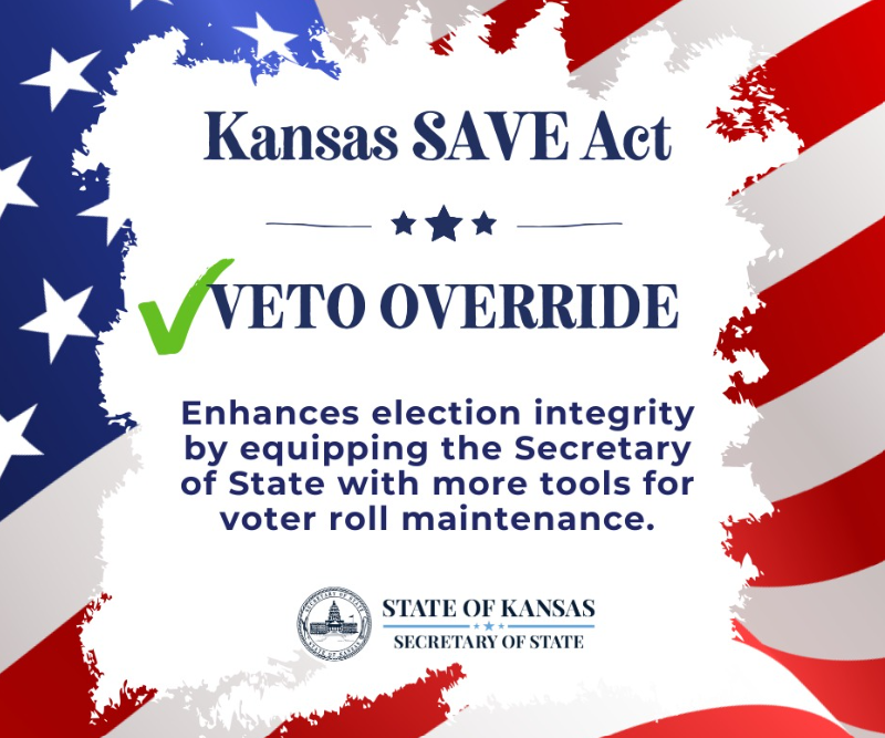Graphic with an American flag background and text reading Kansas SAVE Act Veto Override. Enhances election integrity by giving the Secretary of State more tools for voter roll maintenance;