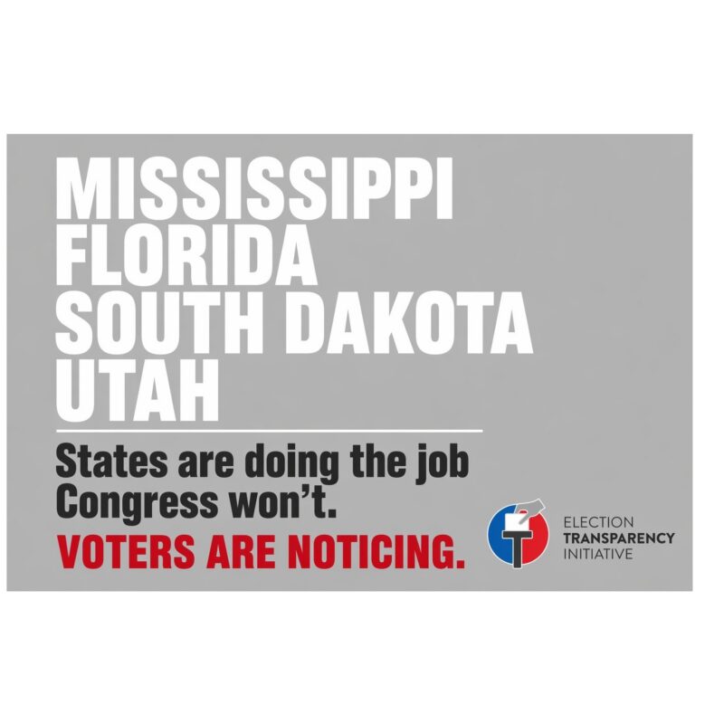 Gray graphic listing Mississippi, Florida, South Dakota, Utah with white and red text stating, States are doing the job Congress won’t. Voters are noticing. Includes Election Transparency Initiative logo in the corner.