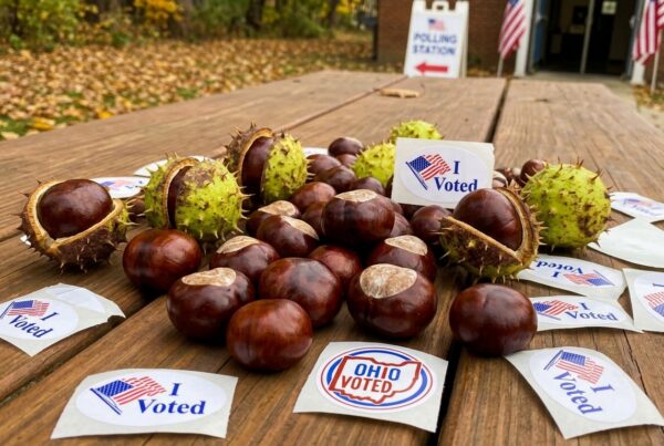 A pile of buckeyes and spiky husks on a wooden table, surrounded by I Voted, Ohio Voted stickers, and a note about ETI Opposes Ohio's "Consensus Voting" Proposal SB 395, "Consensus Choice Voting" Proposal. In the background, a polling station entrance with American flags is visible.