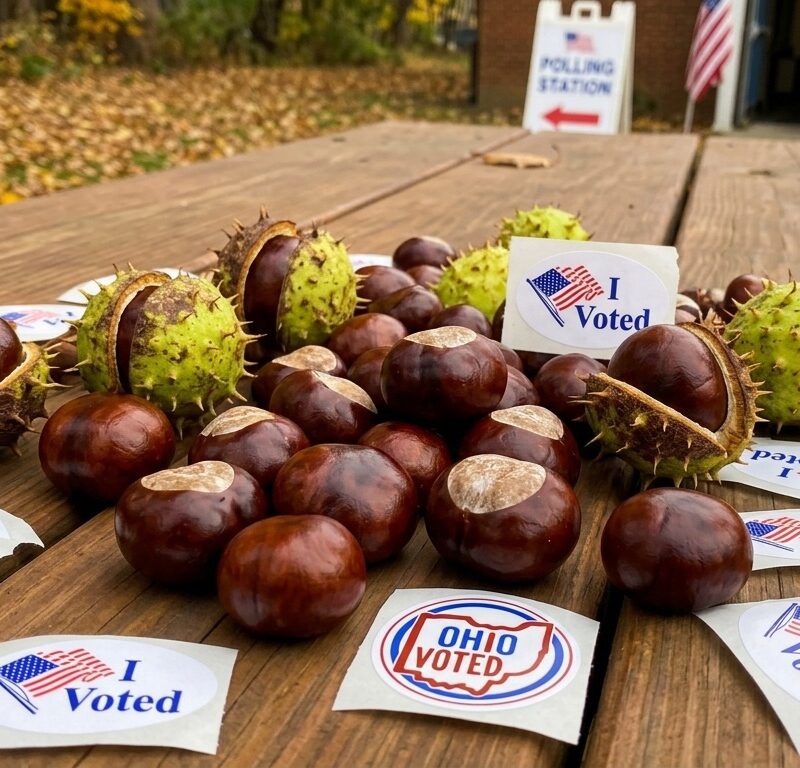 A pile of buckeyes and spiky husks on a wooden table, surrounded by I Voted, Ohio Voted stickers, and a note about ETI Opposes Ohio's "Consensus Voting" Proposal SB 395, "Consensus Choice Voting" Proposal. In the background, a polling station entrance with American flags is visible.