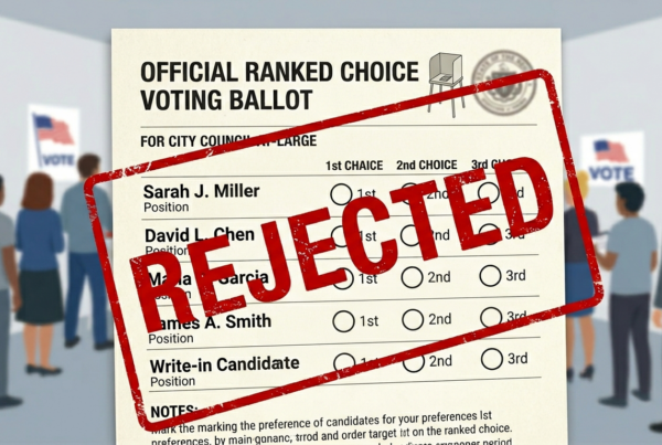 A ranked choice voting ballot marked REJECTED in red, with people standing in line to vote in the background and VOTE signs visible.
