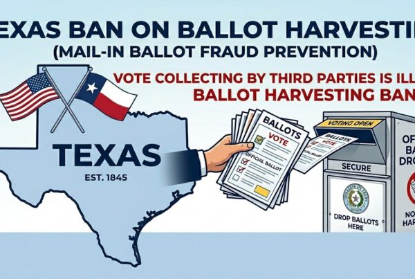 Infographic showing Texas ballot harvesting law upheld, with an arm holding ballots over a map of Texas, a ballot drop box, and text stating that vote collecting by third parties is illegal in Texas.
