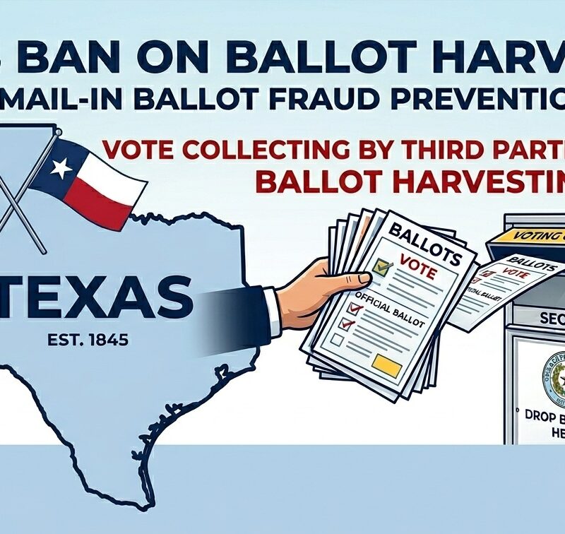 Infographic showing Texas ballot harvesting law upheld, with an arm holding ballots over a map of Texas, a ballot drop box, and text stating that vote collecting by third parties is illegal in Texas.