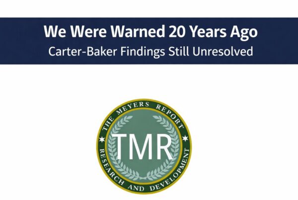 Header graphic reading “We Were Warned 20 Years Ago” with Carter-Baker findings still unresolved, over Meyers Report election rules review image