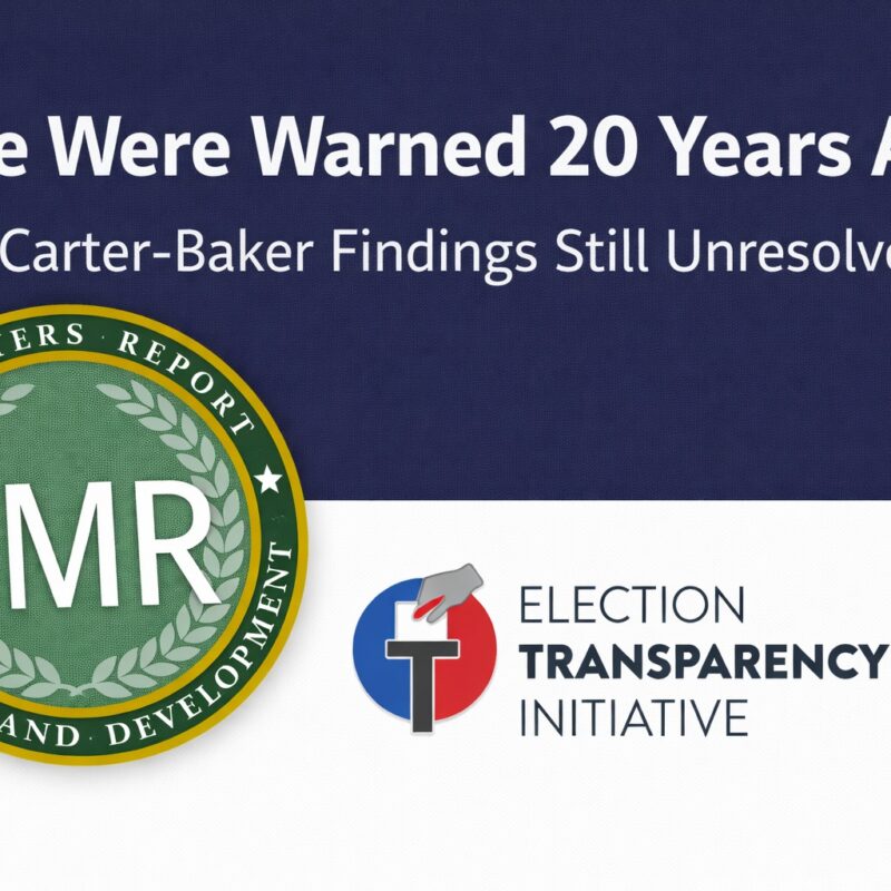 A graphic with the text We Were Warned 20 Years Ago, Carter-Baker Findings Still Unresolved. It features logos for The Meyers Report and the Election Transparency Initiative, ETI: U.S. safeguards lag global standards.