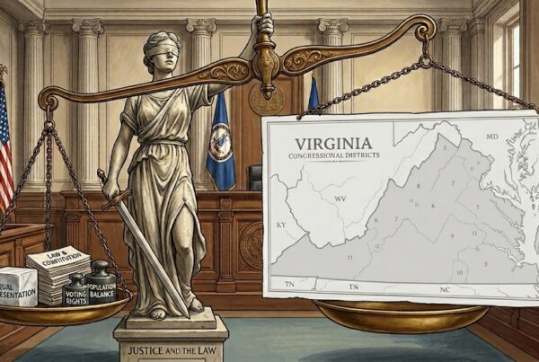 A courtroom scene features Lady Justice holding scales; one side holds books labeled “Equal Representation” and “Voting Rights,” the other a map of Virginia’s congressional districts, highlighting Virginia redistricting legal challenges. An American flag stands in the background.