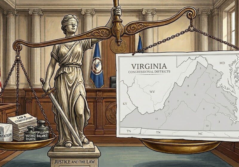 A courtroom scene features Lady Justice holding scales; one side holds books labeled “Equal Representation” and “Voting Rights,” the other a map of Virginia’s congressional districts, highlighting Virginia redistricting legal challenges. An American flag stands in the background.