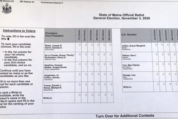 A Maine official ballot for the 2020 General Election, showing ranked choice voting