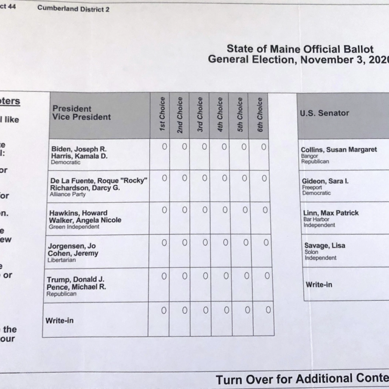 A Maine official ballot for the 2020 General Election, showing ranked choice voting