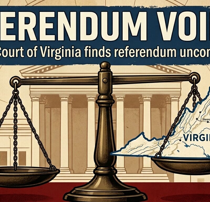 An illustrated news graphic shows REFERENDUM VOIDED and Supreme Court of Virginia finds referendum unconstitutional above a scale and a map of Virginia,