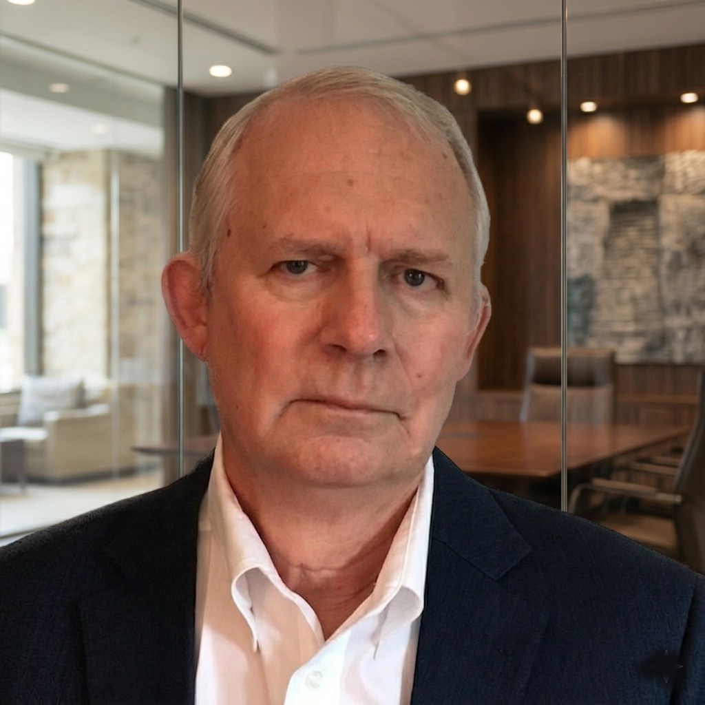 A serious older man with short gray hair, wearing a white shirt and dark blazer, stands in a modern office with glass walls, a conference table, and large windows in the background.