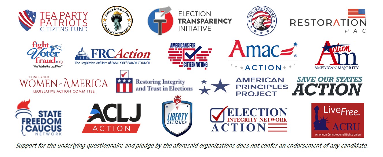 ETI Candidate Pledge coalition partners including Tea Party Patriots, Election Transparency Initiative, Restoration PAC, FRC Action, Amac Action, American Principles Project, and others.