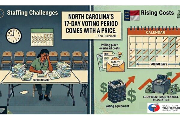 A person sits at a check-in table with stacks of papers in a polling place. The graphic highlights North Carolina's 17-day voting period, staffing challenges, rising costs, and compares it to Nevada election transparency initiatives.