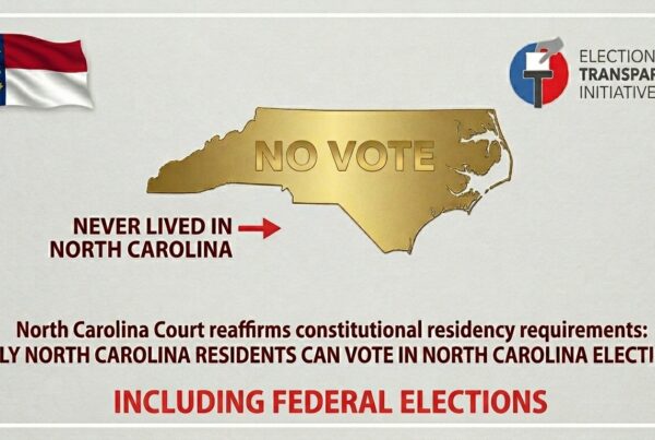 A graphic of North Carolina with the words NO VOTE. Text states only North Carolina residents can vote in state and federal elections, per a court ruling. Mentions ETI: Attach SAVE Act to FISA Reauthorization. North Carolina flag and a logo are shown.