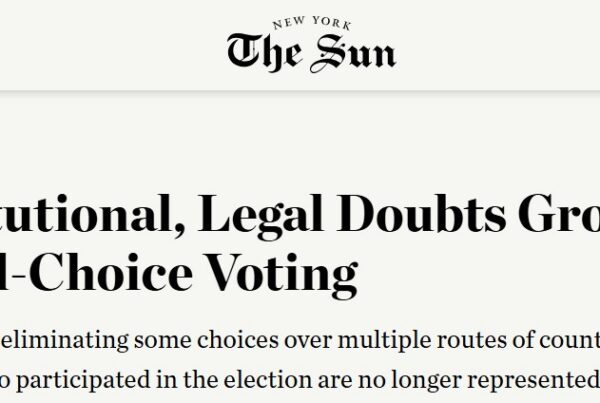 A screenshot of a New York Sun article headline: Constitutional, Legal Doubts Grow Over Ranked-Choice Voting, referencing an ETI Op-Ed published in The New York Sun and a subheading discussing concerns about voter representation in final tallies.