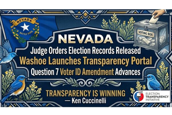 Illustrated sign with the Nevada state emblem, ballot box, and bluebirds. Text highlights election transparency actions in Nevada and mentions how ETI: Court upholds North Carolina voting residency requirement. Quote: Transparency is winning.