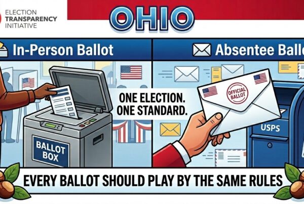 A graphic from the Election Transparency Initiative (ETI) compares in-person and absentee voting in Ohio, showing ballots cast by hand and by mail. Text reads: Every ballot should play by the same rules. ETI: Attach SAVE Act to FISA Reauthorization.