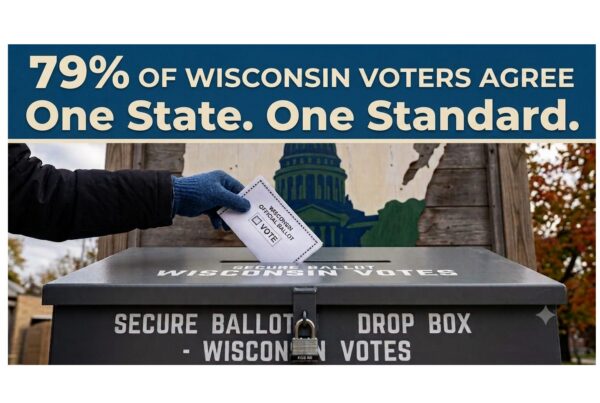A person wearing a blue glove inserts a ballot into a secure ballot drop box labeled Wisconsin Votes. Text above reads, 79% of Wisconsin voters agree. One State. One Standard.