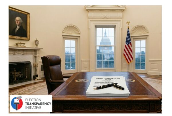 A desk in a formal office with a document titled Honest Advertising Act, pens, and an American flag. The U.S. Capitol is seen through the window. The Election Transparency Initiative logo is in the lower left corner, urging VETO Legislation without the SAVE Act.