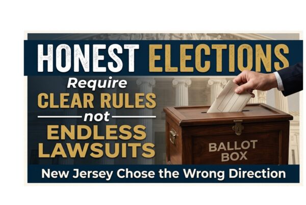 A hand places a ballot into a wooden box labeled Ballot Box. The text reads: Honest Elections require clear rules on Election Day ballot receipt deadlines, not endless lawsuits. New Jersey chose the wrong direction.