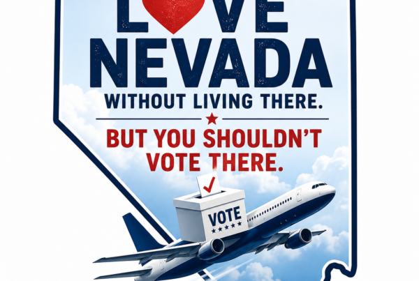 An outline of Nevada with text: You can love Nevada without living there. But you shouldn’t vote there—just like New Jersey Election Law reminds us, voting where you don’t reside isn’t just unfair, it’s illegal. An airplane carries a ballot box labeled VOTE with a checkmark.