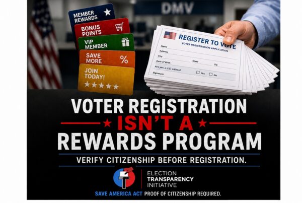 A hand holds voter registration forms above stacked membership cards. Text reads: Voter registration isn't a rewards program. Under New Jersey Election Law, verify citizenship before registration. Save America Act. Proof of citizenship required.