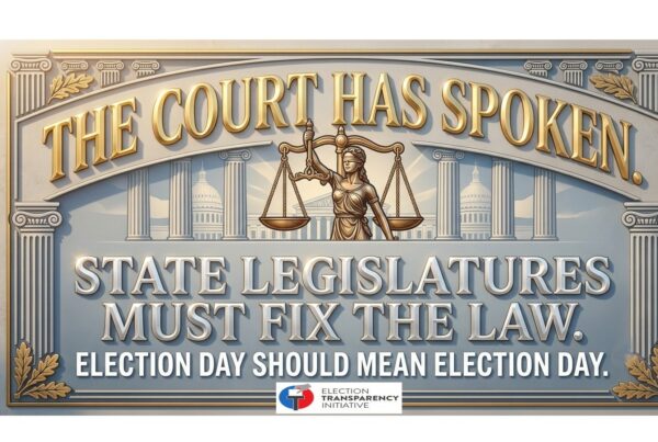 A decorative sign reads, THE COURT HAS SPOKEN. STATE LEGISLATURES MUST FIX THE LAW. ELECTION DAY SHOULD MEAN ELECTION DAY, with an image of Lady Justice and U.S. Capitol domes in the background.